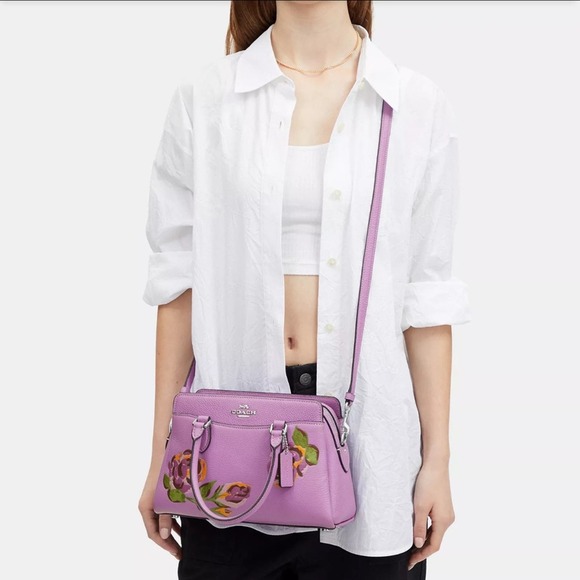 NWT💃Coach Mini Darcie Carryall With Rose Print/Pebble Leather/ Purple - Picture 9 of 13